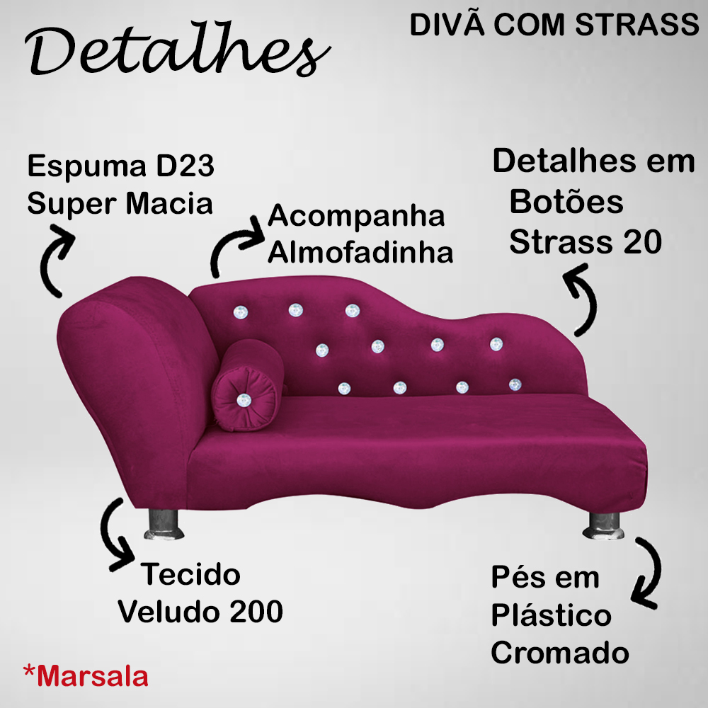 Cama Caminha Divã Pet Veludo Strass Marsala Dvinn