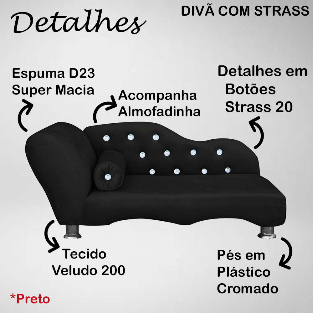 Cama Caminha Divã Pet Veludo Strass Preto Dvinn