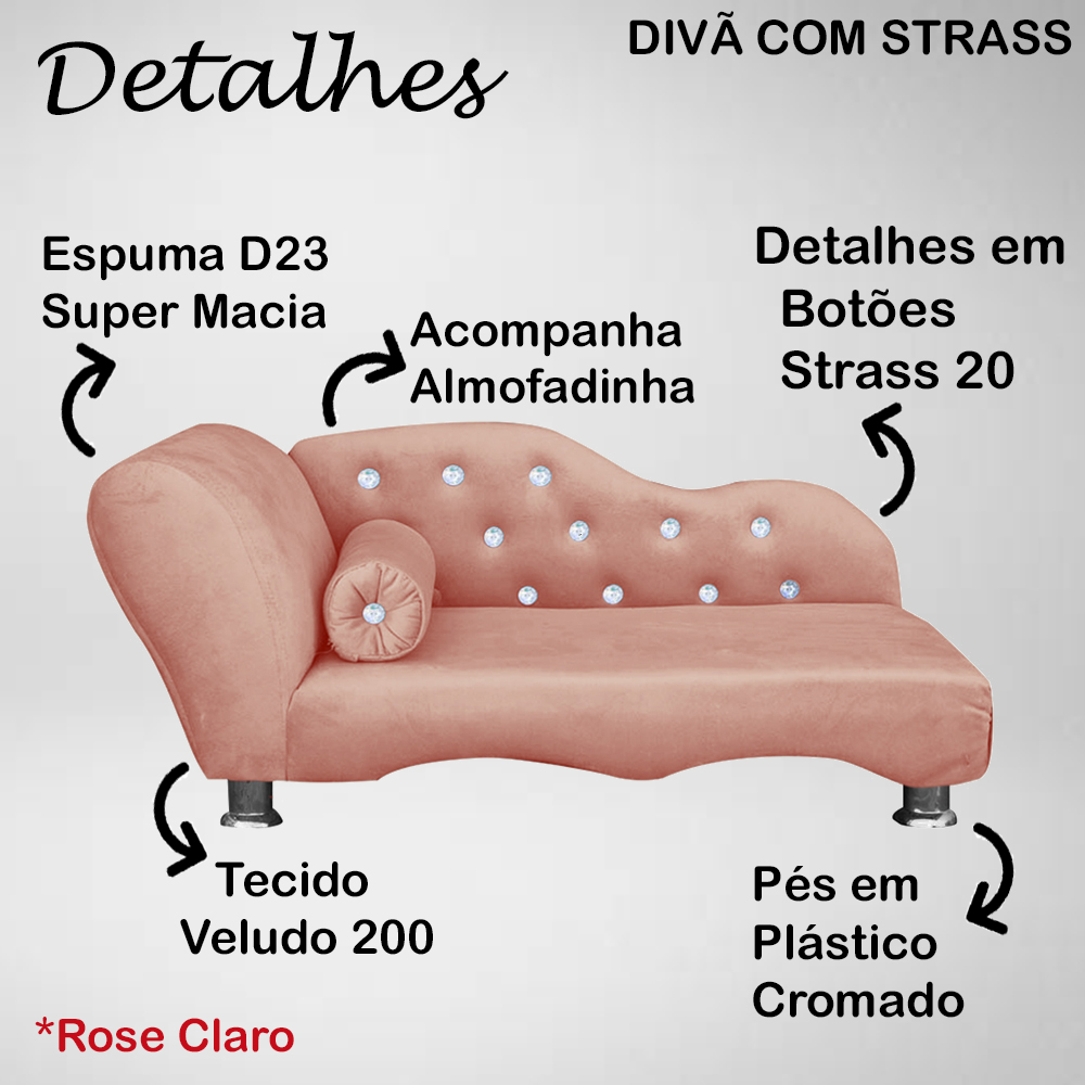 Cama Caminha Divã Pet Veludo Strass Rose Claro Dvinn