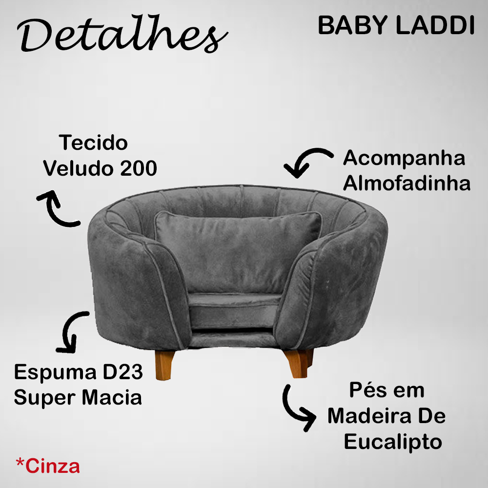 Poltrona Cama Caminha Pet Baby Laddi Veludo Cinza Dvinn
