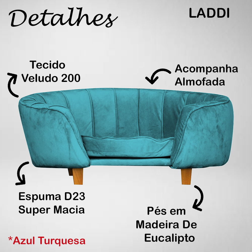Poltrona Cama Caminha Pet Laddi Veludo Azul Turquesa Dvinn