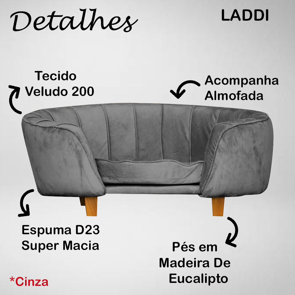 Poltrona Cama Caminha Pet Laddi Veludo Cinza Dvinn