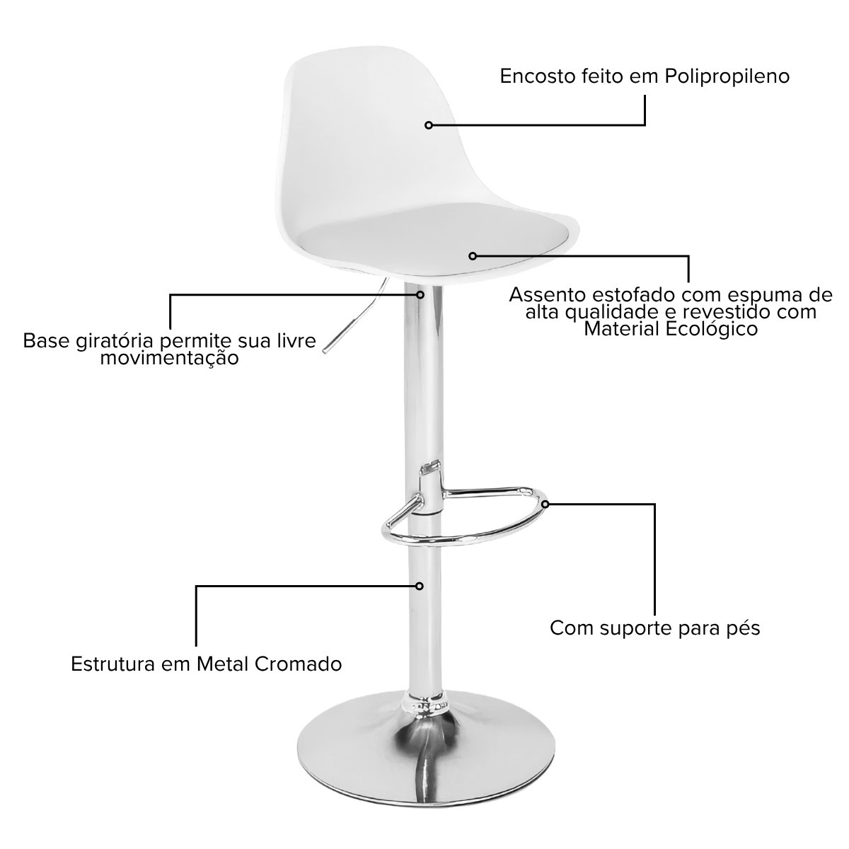 Banqueta Alta Estofada com Base Giratória e Regulagem de Altura - Ícaro Branco