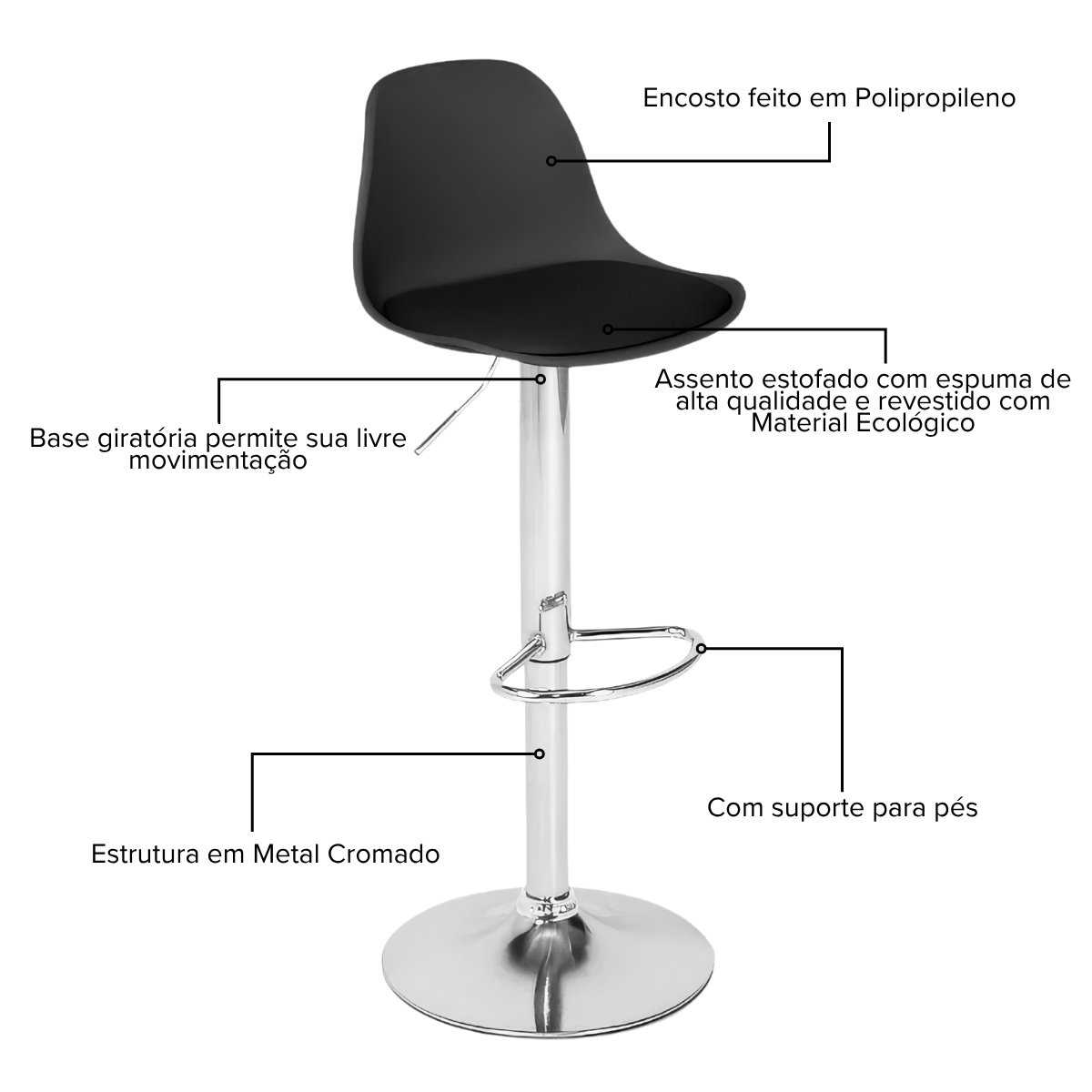 Banqueta Alta Estofada com Base Giratória e Regulagem de Altura - Ícaro Preto