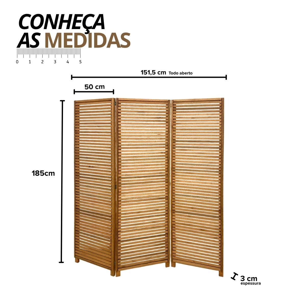 Biombo Decorativo de Madeira 3 Folhas Ripado Sanfonado - Maju Madeiral