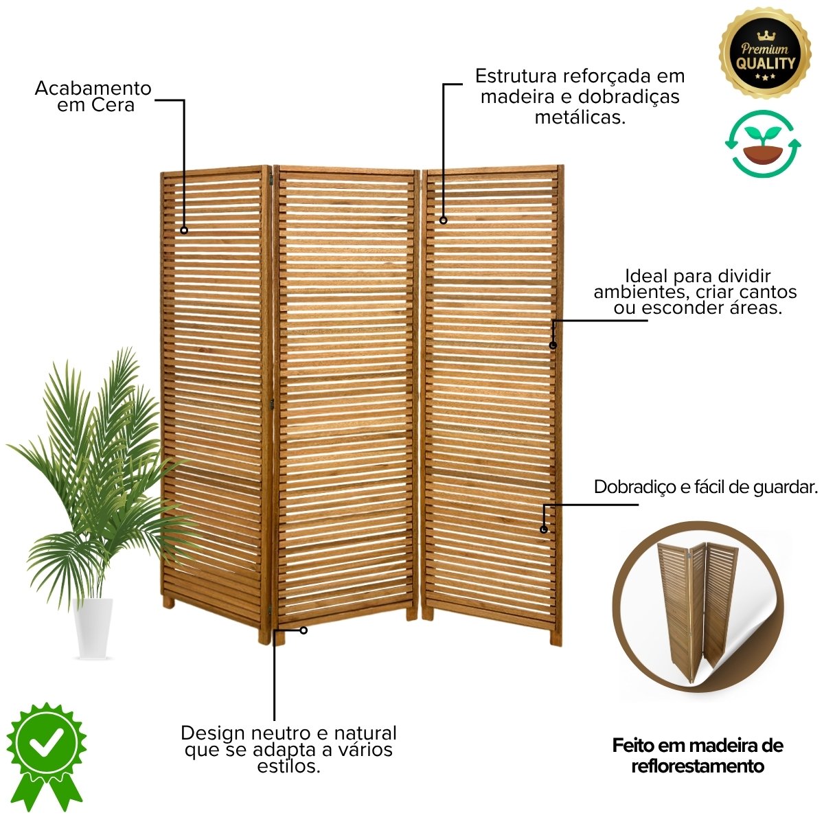 Biombo Decorativo de Madeira 3 Folhas Ripado Sanfonado - Maju Madeiral