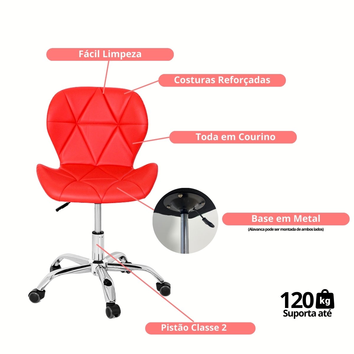 Cadeira Escritório Slim Vegas Base Giratória Estofada Vermelho
