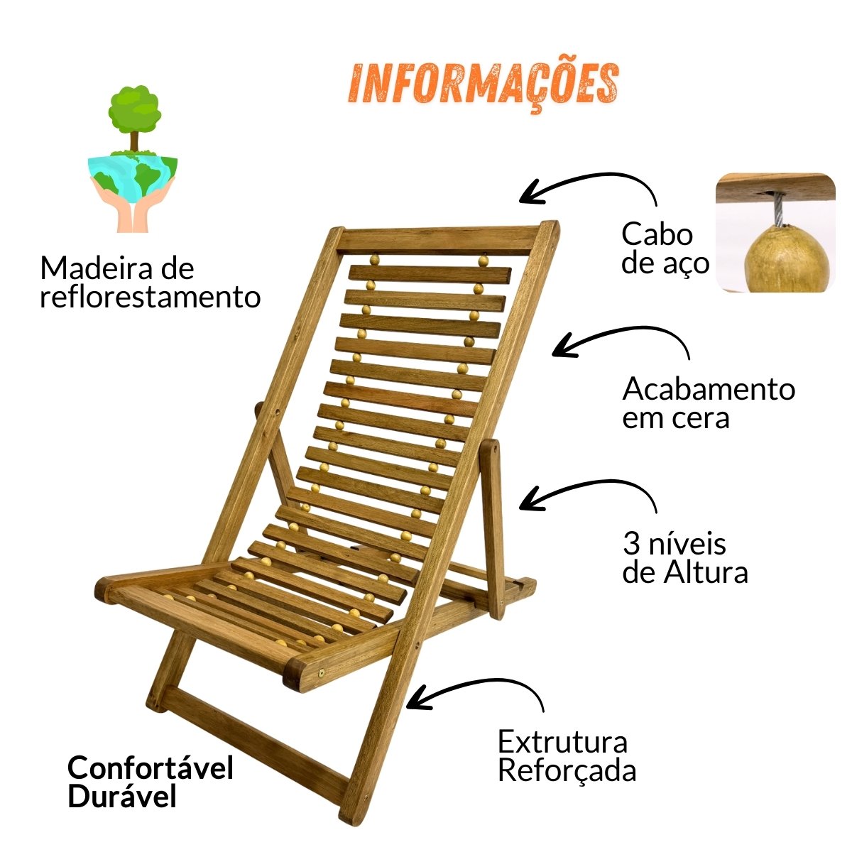 Espreguiçadeira de Madeira e fios de Aço Maju - SEM BRAÇOS Madeiral