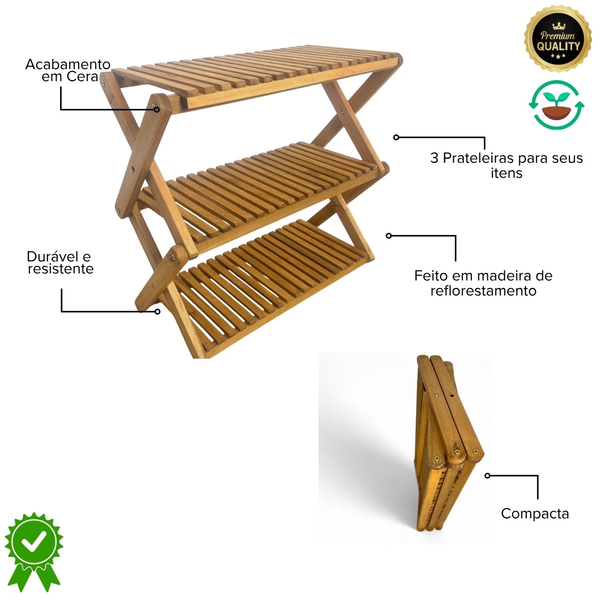 Estante Sanfonada Multiuso Dobrável 3 Prateleiras Floreira de Madeira - Maju Madeiral