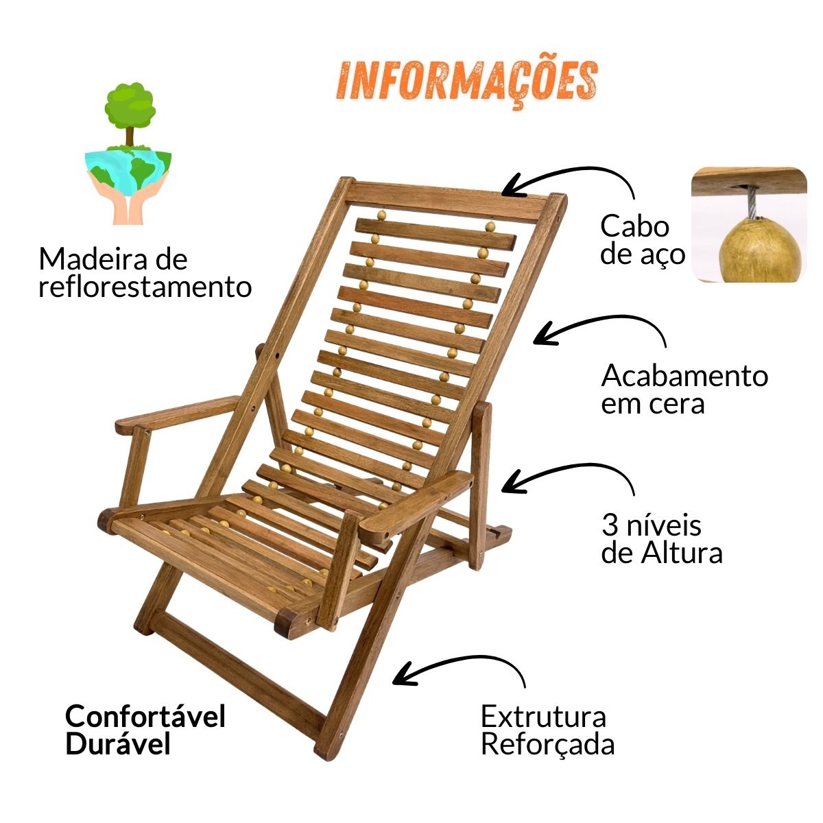 Kit 2 Espreguiçadeiras de Madeira com Mesinha/Banquinho Multiuso - Maju Madeiral