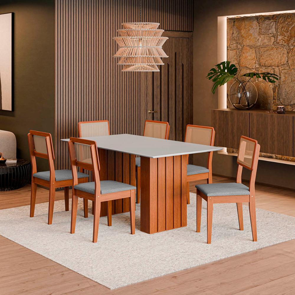 Mesa Sala Jantar Santiago 160x90 cm com Tampo de Vidro Cinamomo/Branco