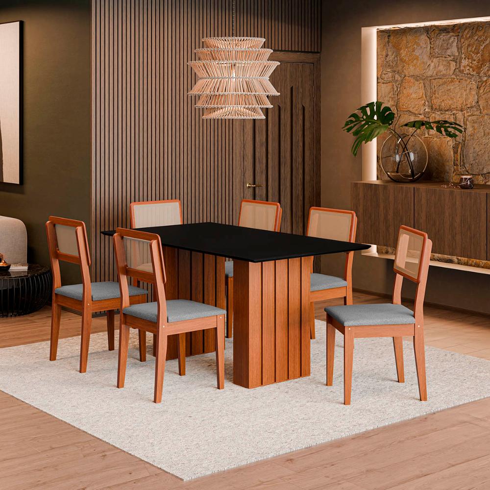 Mesa Sala Jantar Santiago 160x90 cm com Tampo de Vidro Cinamomo/Preto