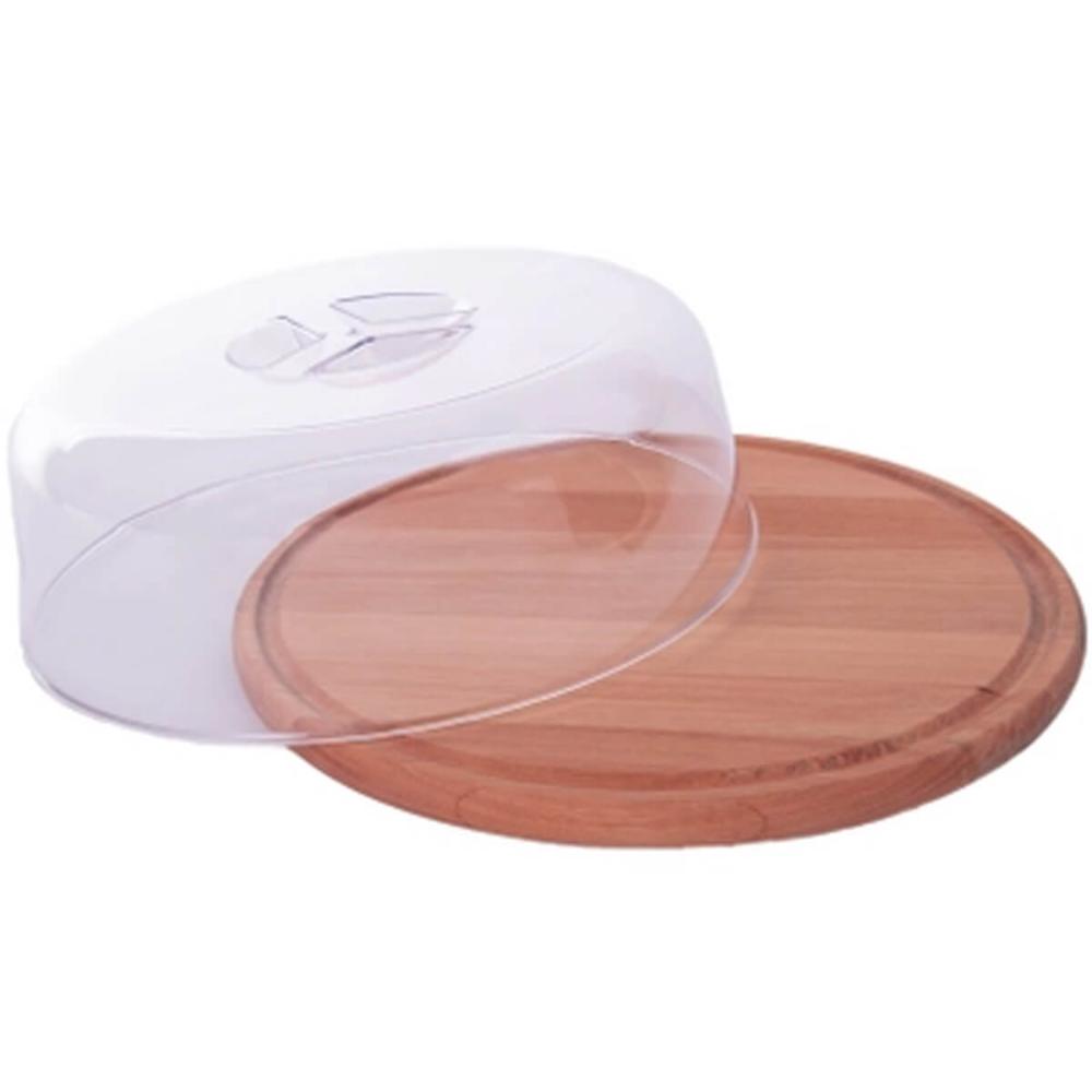 Queijeira de Madeira Redonda Porta Bolo Tampa Acrílico 22cm Essence Domama Eucalipto