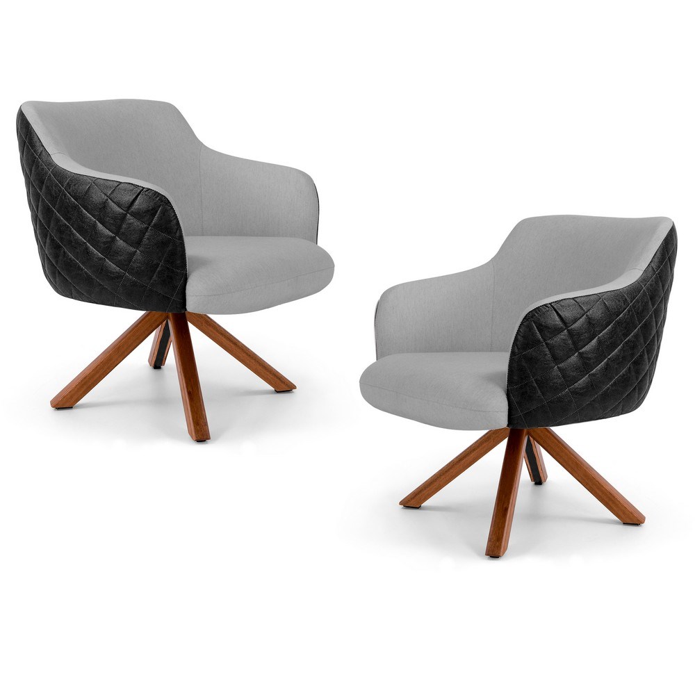 Kit 02 Poltronas Decorativas Jade Base Giromad C-315 Corano Tressê Linho Cinza Claro - Domi