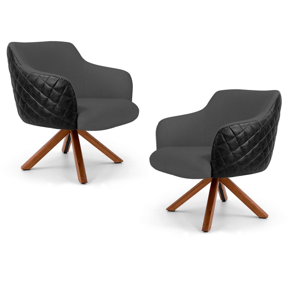 Kit 02 Poltronas Decorativas Jade Base Giromad C-416 Corano Tressê Linho Cinza Escuro - Domi