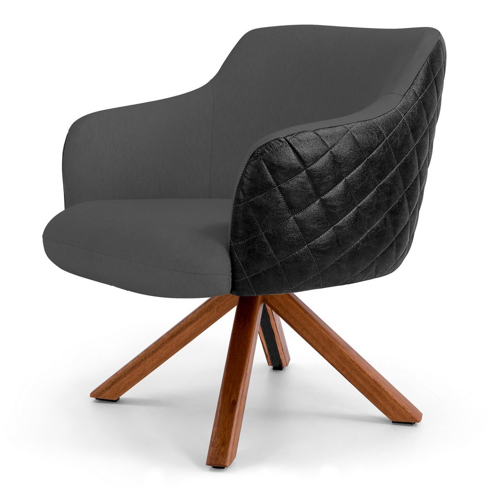 Kit 02 Poltronas Decorativas Jade Base Giromad C-416 Corano Tressê Linho Cinza Escuro - Domi