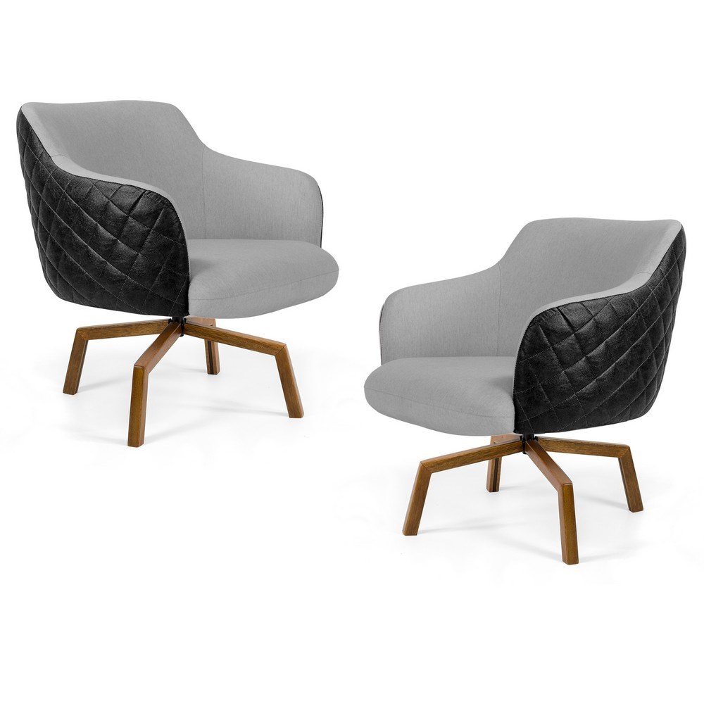 Kit 02 Poltronas Decorativas Jade Base Ka Giratória C-315 Corano Tressê Linho Cinza Claro - Domi