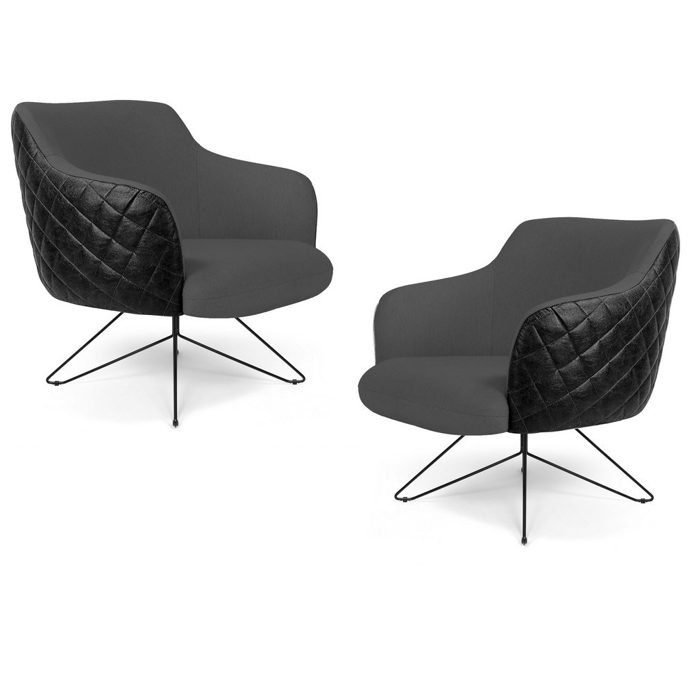 Kit 02 Poltronas Decorativas Jade Base Orby Fixa C-416 Corano Tressê Linho Cinza Escuro - Domi