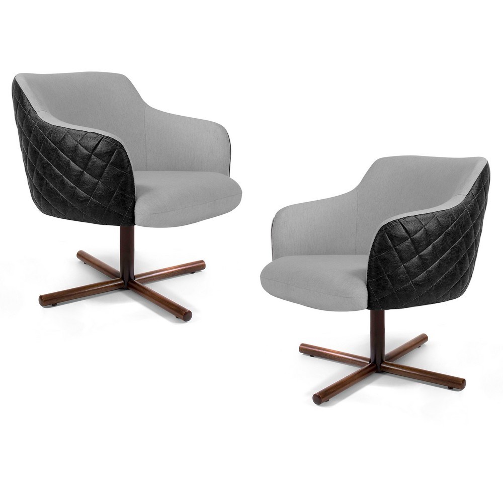 Kit 02 Poltronas Decorativas Jade Base Xis Giratória C-315 Corano Tressê Linho Cinza Claro - Domi