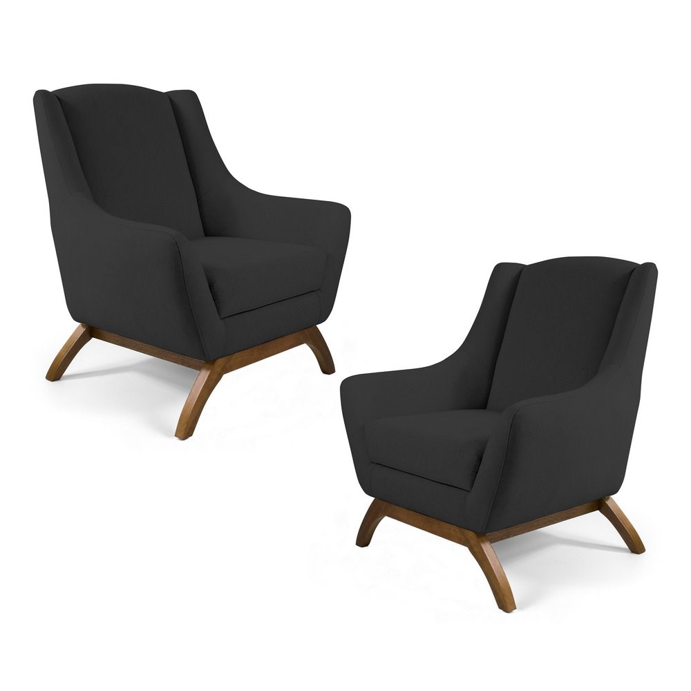 Kit 02 Poltronas Decorativas Juliet Base de Madeira C-465 Linho Chumbo - Domi