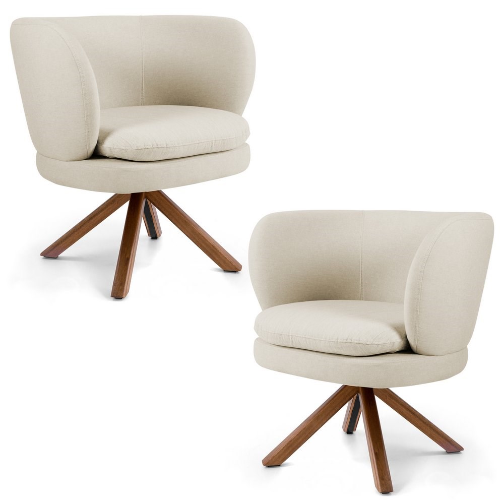 Kit 02 Poltronas Decorativas Melissa Base Giromad Giratória C-107 Linho Bege - Domi