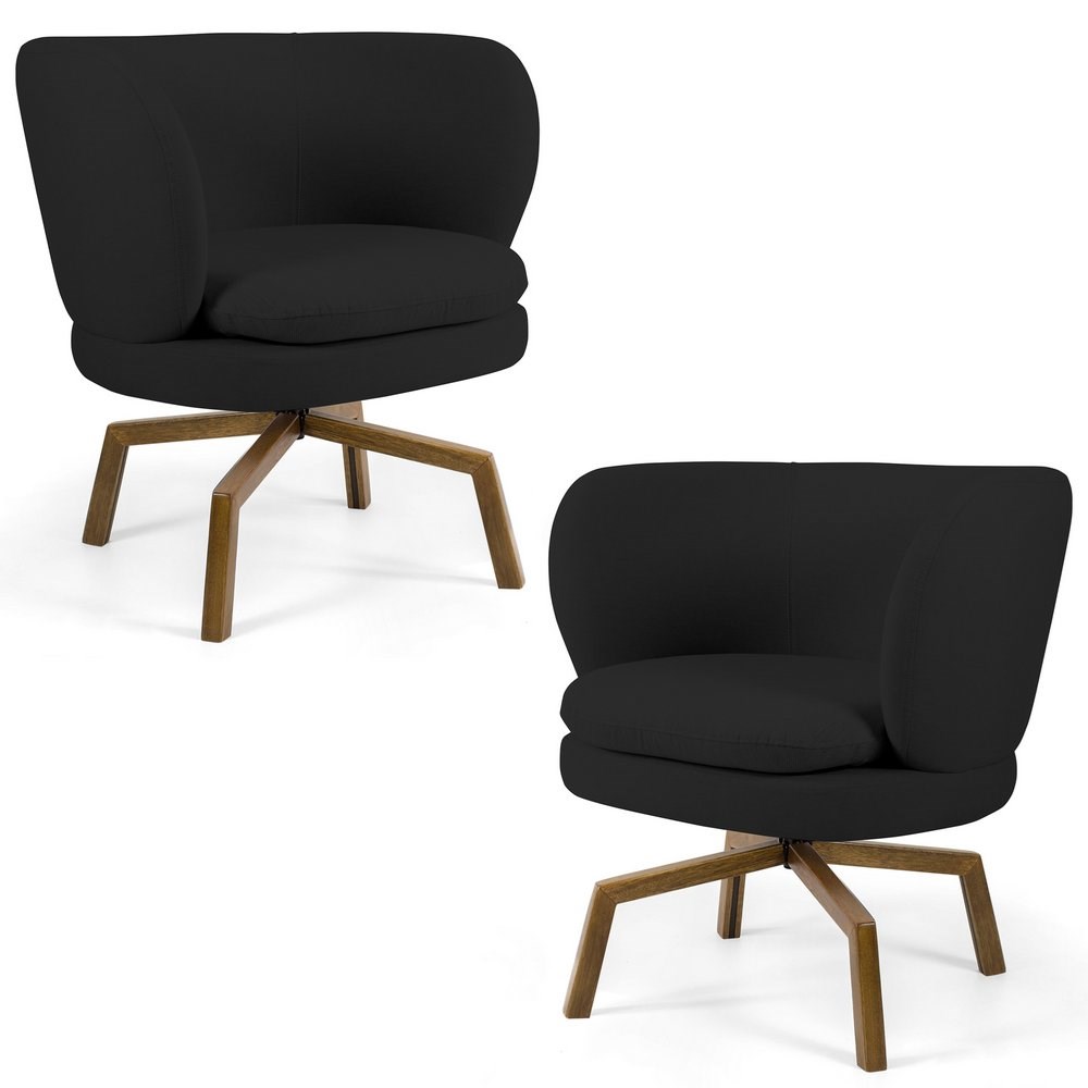 Kit 02 Poltronas Decorativas Melissa Base Ka Giratória Castanho B-300 Veludo Preto - Domi