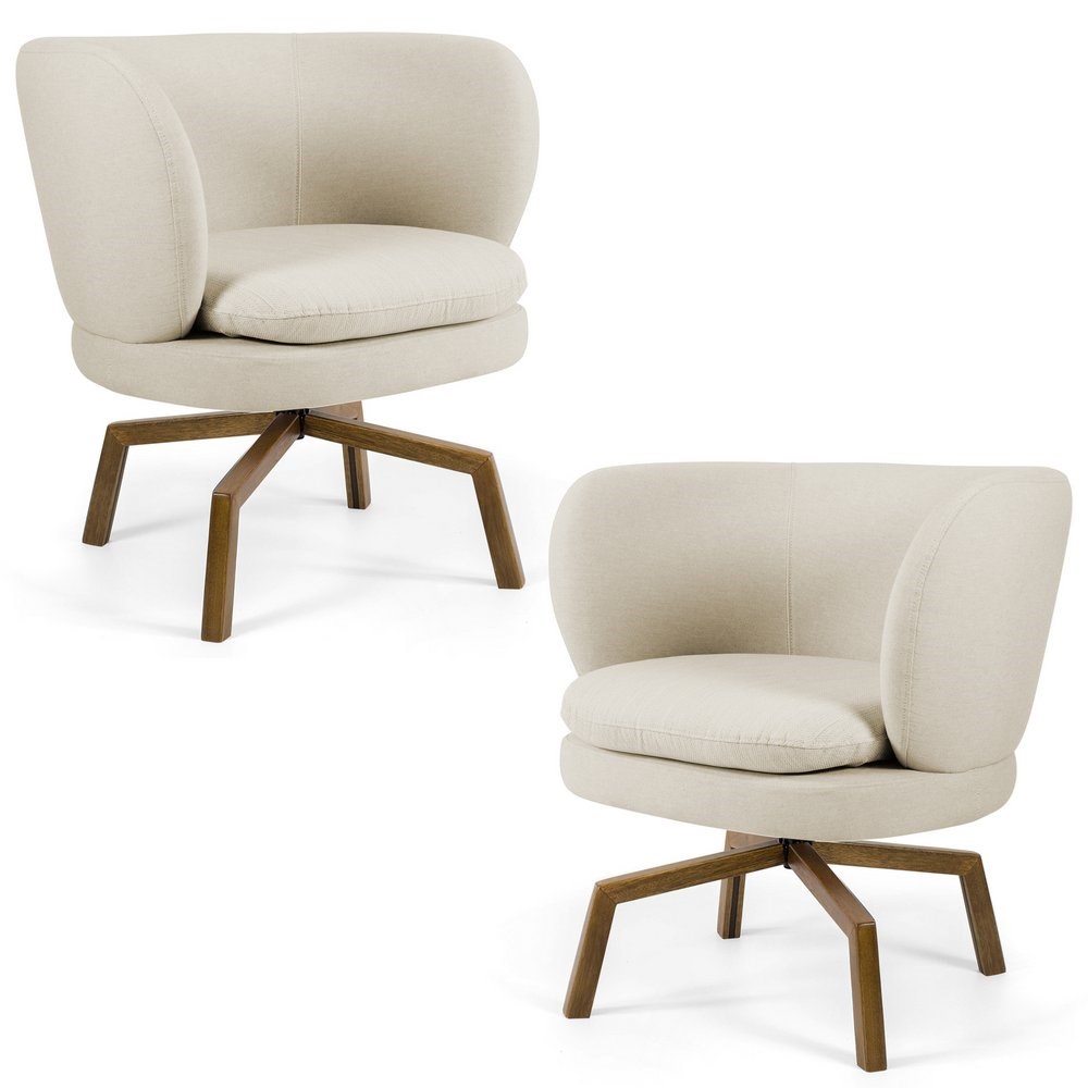 Kit 02 Poltronas Decorativas Melissa Base Ka Giratória Castanho C-107 Linho Bege - Domi