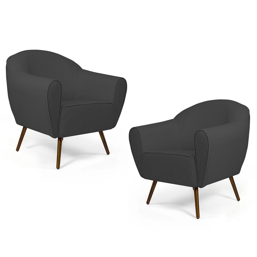 Kit 02 Poltronas Decorativas Nina Pés Palito Madeira C-416 Linho Cinza Escuro - Domi