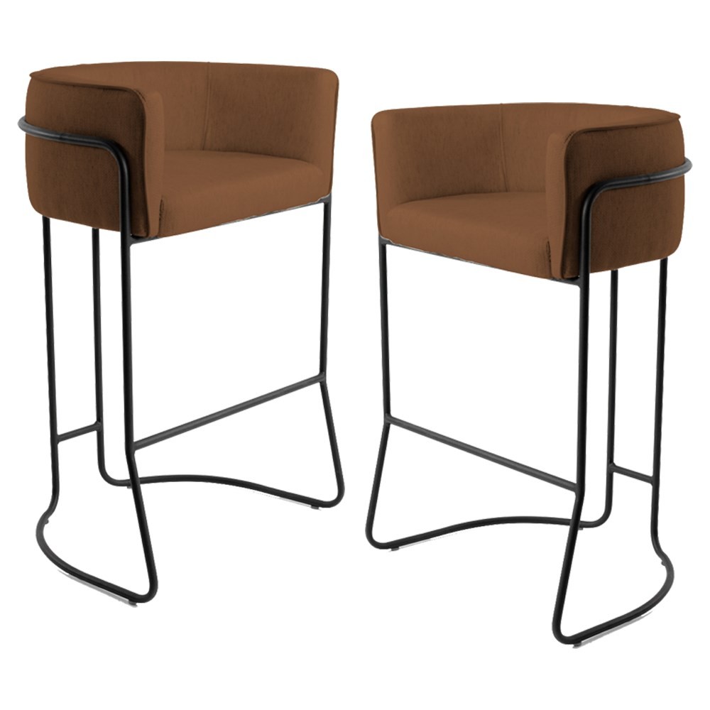 Kit 2 Banquetas Decorativas Base Aço Preto Betina B-262 Veludo Telha - Domi