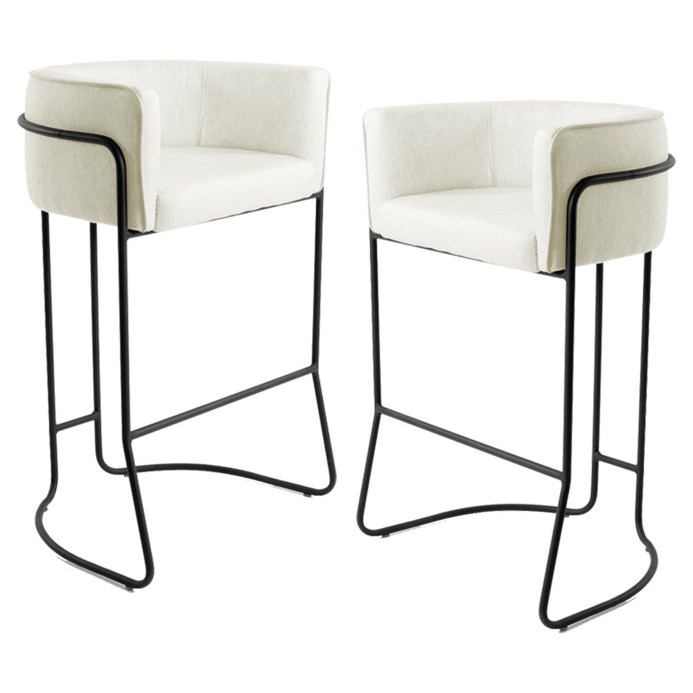 Kit 2 Banquetas Decorativas Base Aço Preto Betina B-309 Veludo Bege Fosco - Domi