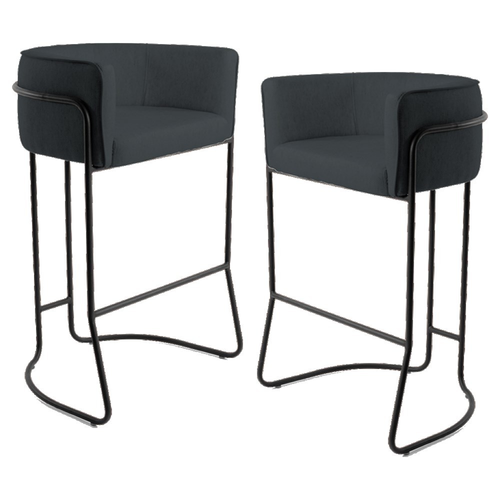 Kit 2 Banquetas Decorativas Base Aço Preto Betina C-465 Linho Chumbo - Domi