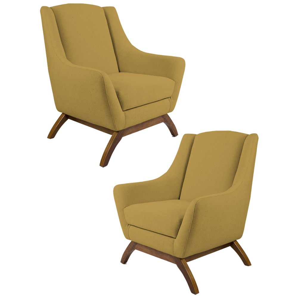 Kit 2 Poltronas Decorativas Base Manu Madeira Juliet B-279 Veludo Amarelo - Domi