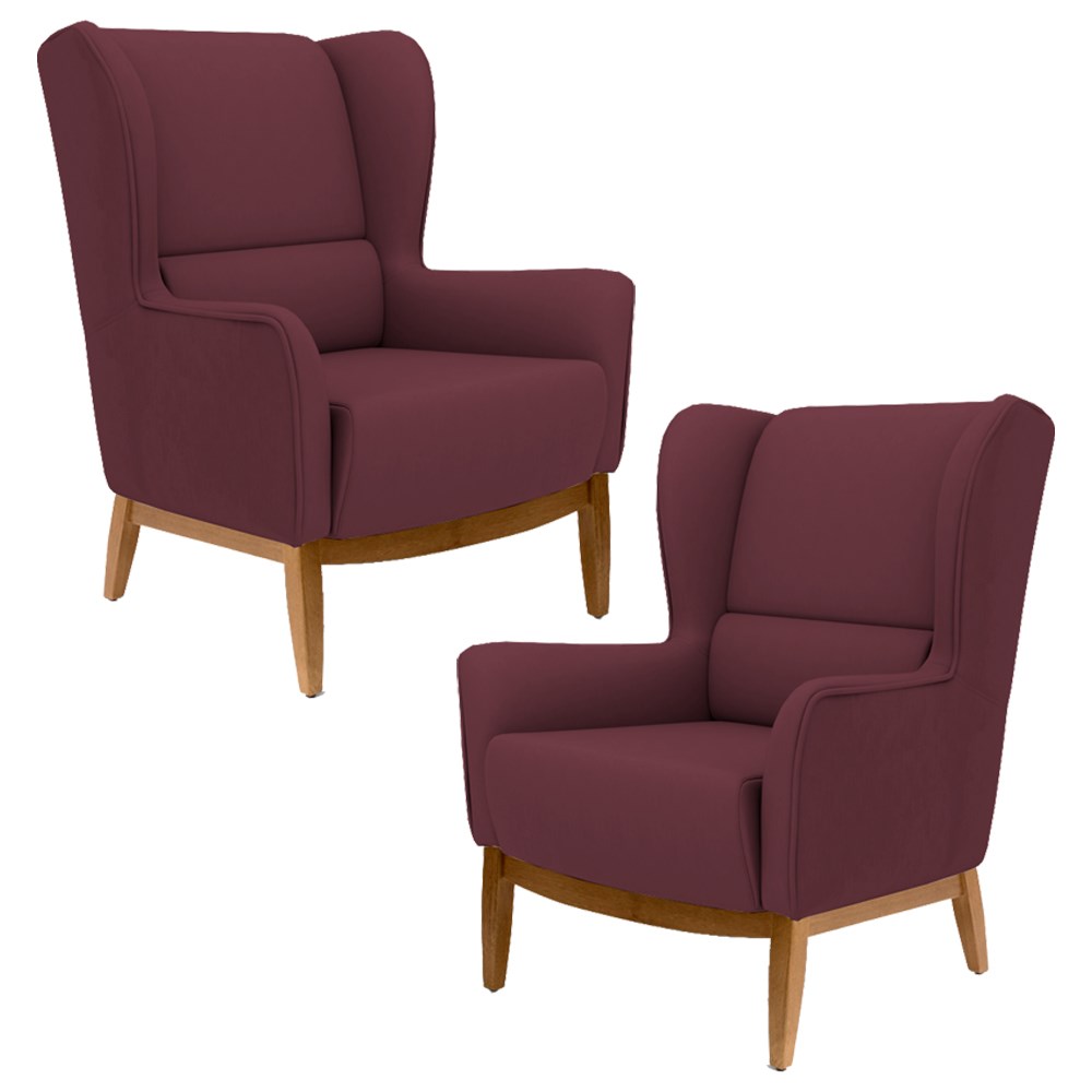 Kit 2 Poltronas Decorativas Base Manu Madeira Milena B-278 Veludo Marsala  - Domi
