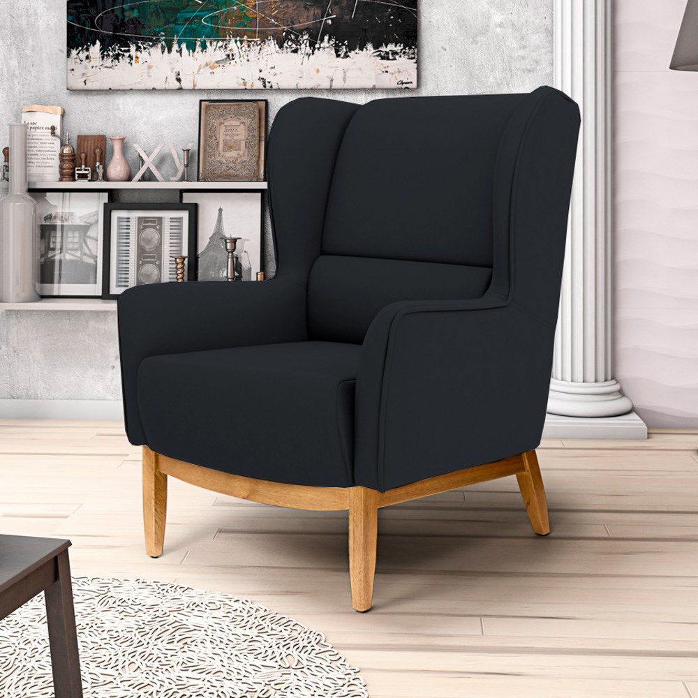 Kit 2 Poltronas Decorativas Base Manu Madeira Milena B-300 Veludo Preto - Domi