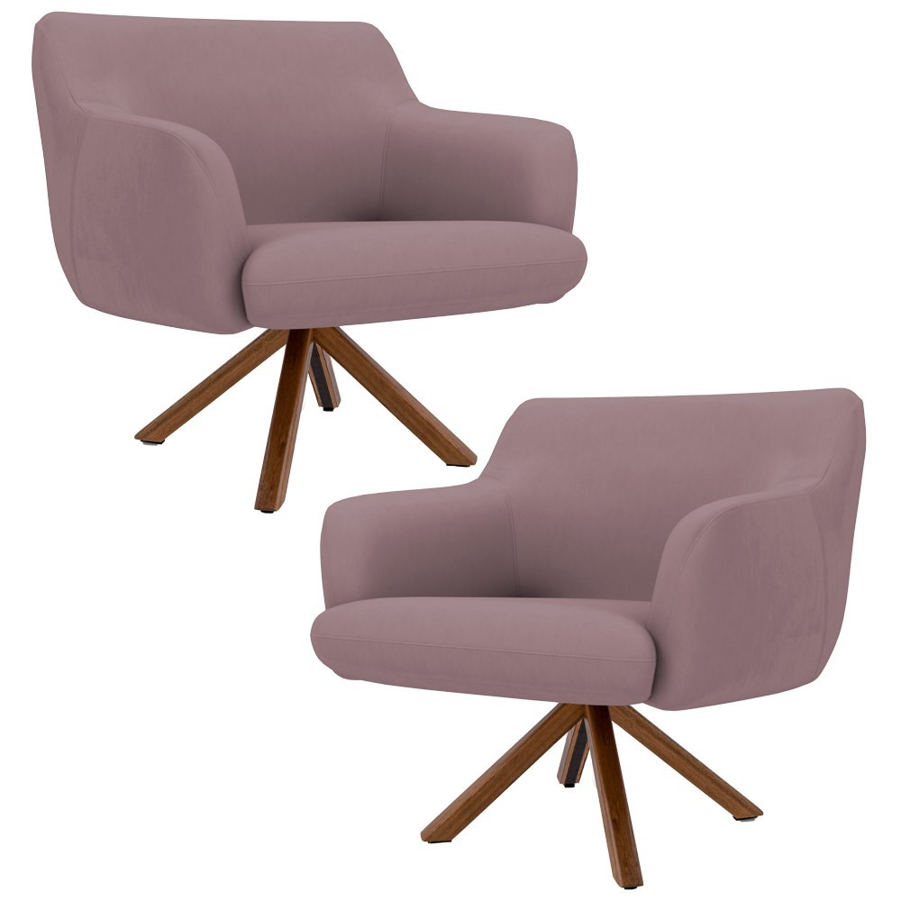 Kit 2 Poltronas Decorativas Giratórias Base Giromad Madeira Jade B-305 Veludo Rosê - Domi