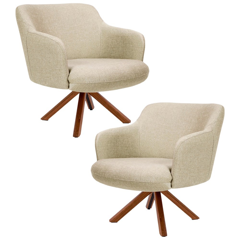 Kit 2 Poltronas Decorativas Giratórias Base Giromad Madeira Jade C-129 Linho Bege Escuro - Domi