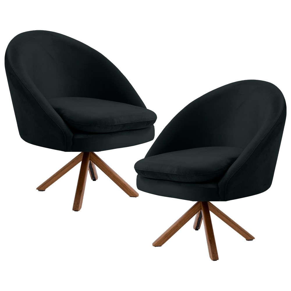 Kit 2 Poltronas Decorativas Giratórias Base Giromad Madeira Rafa B-300 Veludo Preto - Domi
