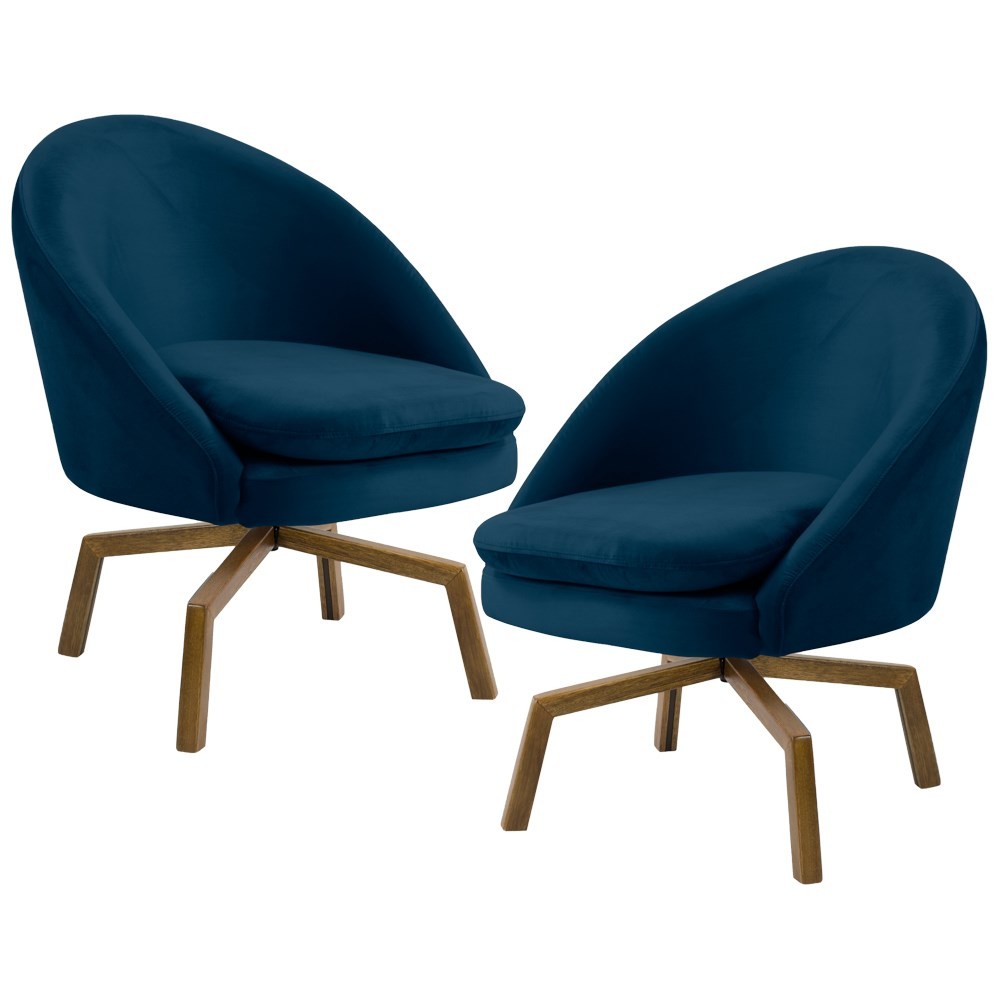 Kit 2 Poltronas Decorativas Giratórias Base Ka Madeira Rafa B-304 Veludo Azul Marinho - Domi
