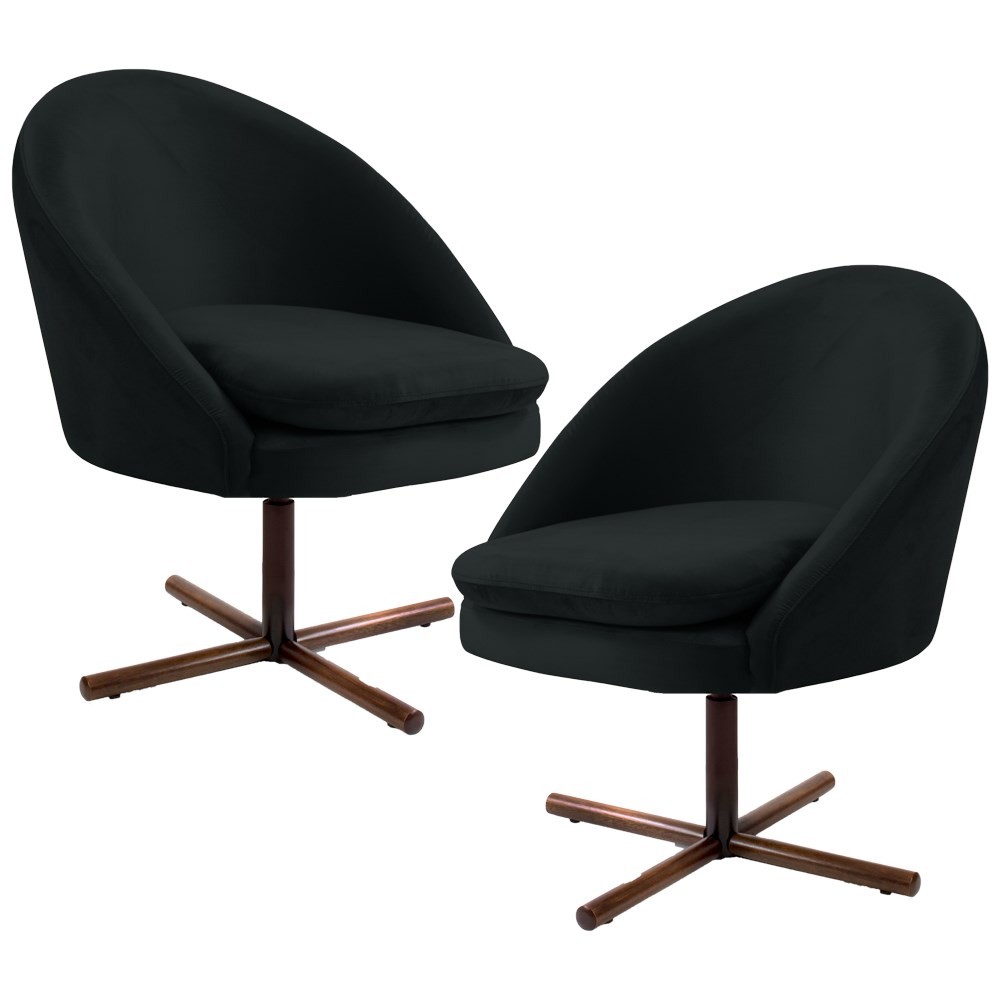 Kit 2 Poltronas Decorativas Giratórias Base Xis Madeira Rafa B-300 Veludo Preto - Domi