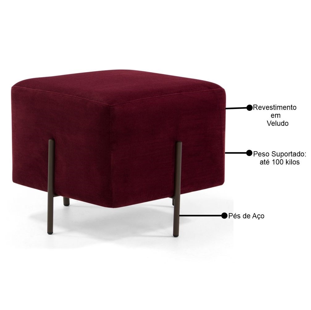 Kit 2 Puffs Decorativos 45cm Base Aço Status B-278 Veludo Marsala - Domi