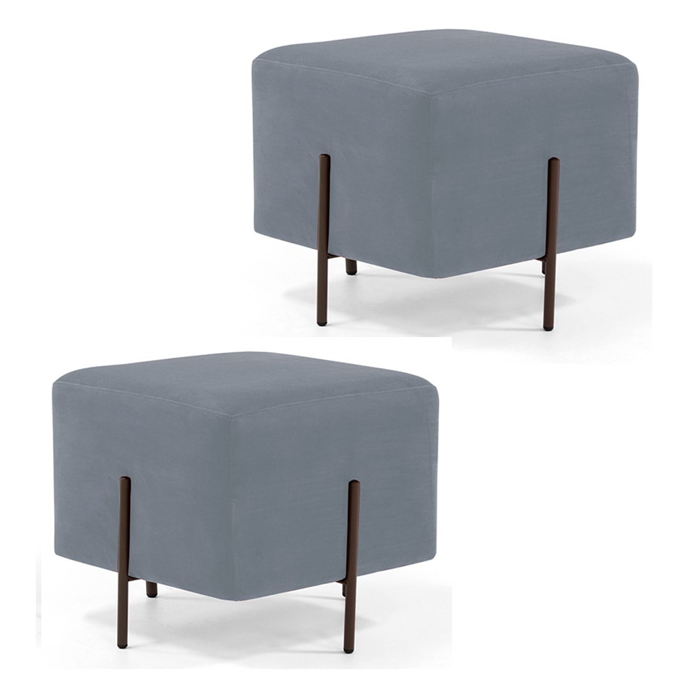 Kit 2 Puffs Decorativos 45cm Base Aço Status B-317 Veludo Cinza - Domi