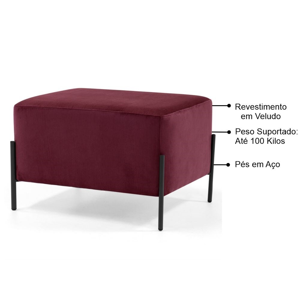 Kit 2 Puffs Decorativos 60cm Base Aço Status B-278 Veludo Marsala - Domi