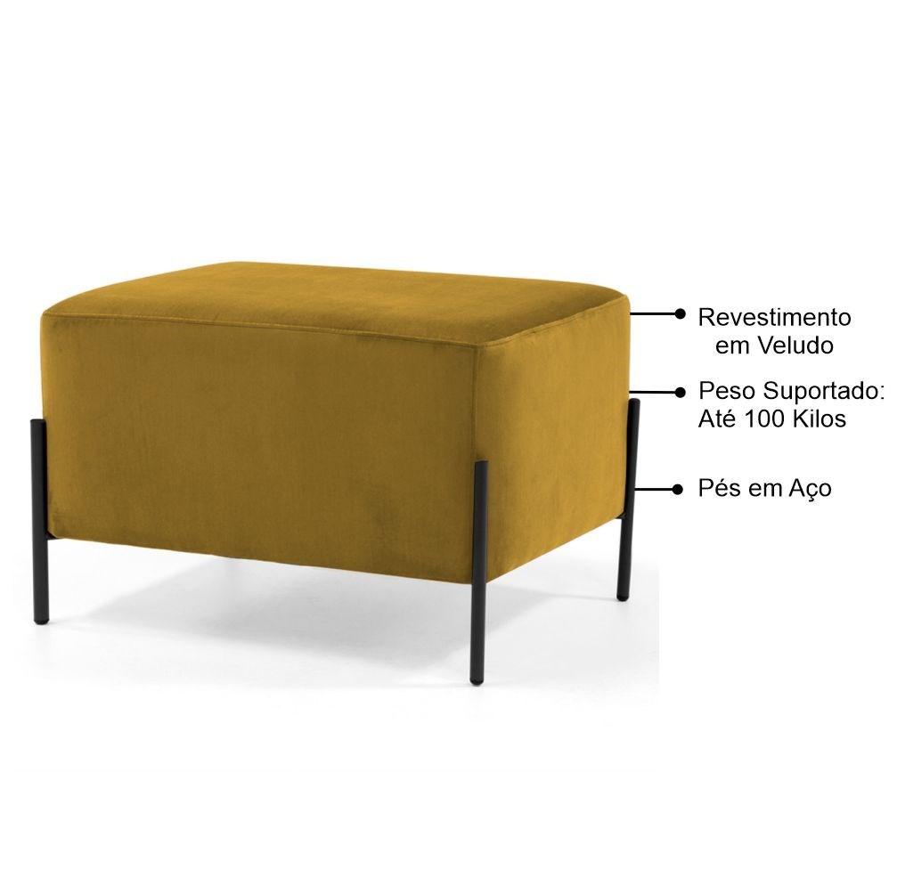 Kit 2 Puffs Decorativos 60cm Base Aço Status B-279 Veludo Mostarda - Domi