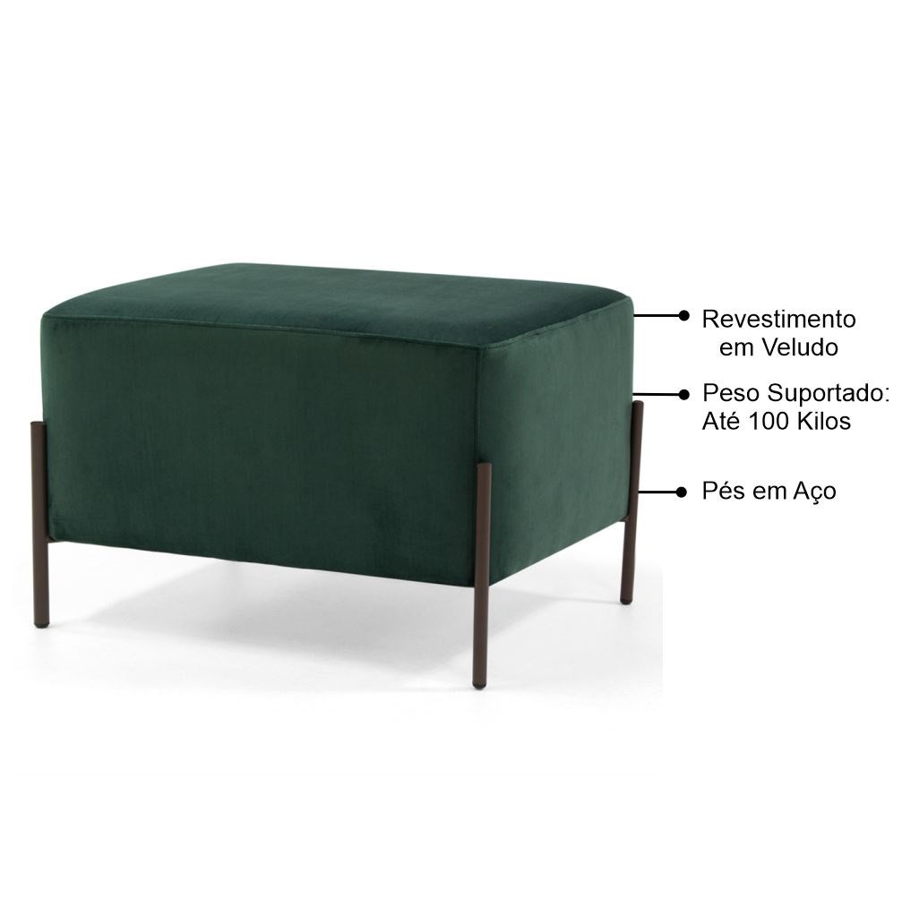 Kit 2 Puffs Decorativos 60cm Base Aço Status B-303 Veludo Verde Musgo- Domi
