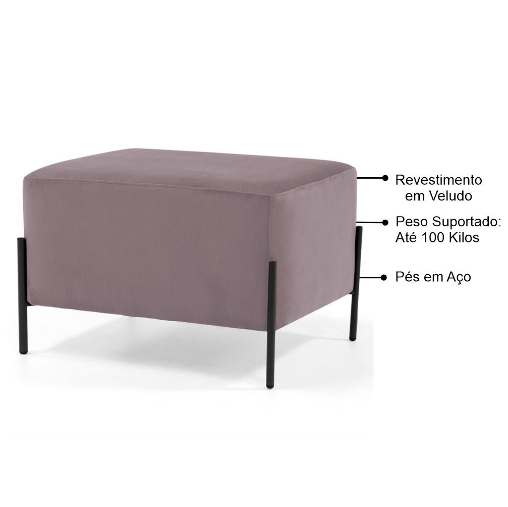 Kit 2 Puffs Decorativos 60cm Base Aço Status B-305 Veludo Rosê - Domi