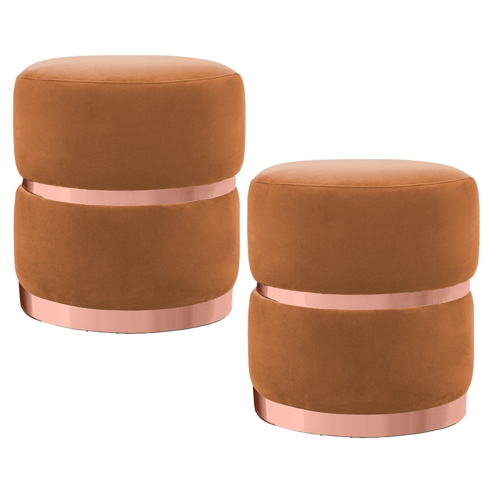 Kit 2 Puffs Decorativos Cinto e Aro Rosê Round B-262 Veludo Laranja - Domi