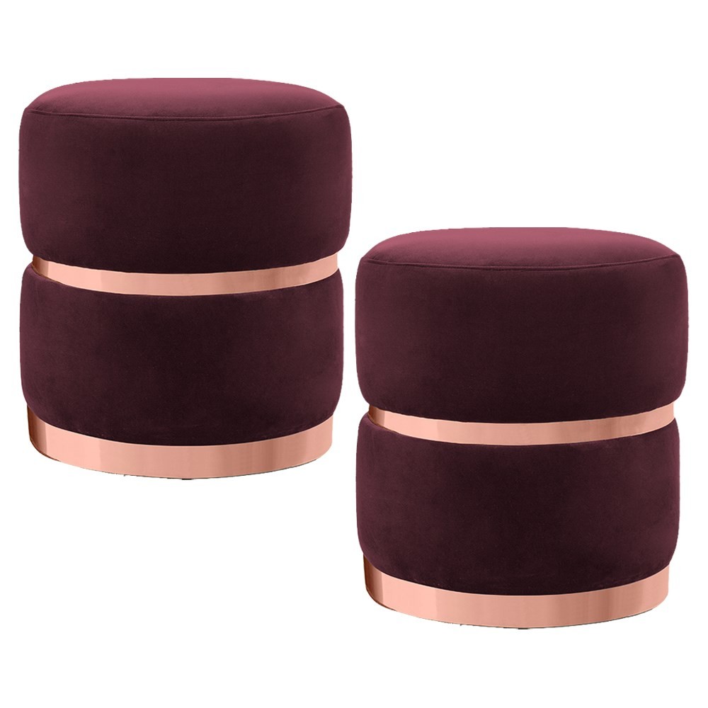 Kit 2 Puffs Decorativos Cinto e Aro Rosê Round B-278 Veludo Marsala - Domi