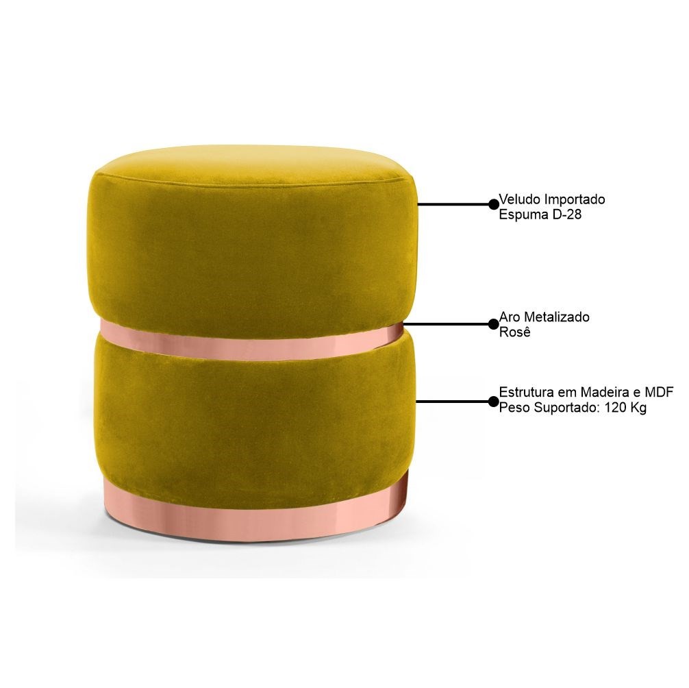 Kit 2 Puffs Decorativos Cinto e Aro Rosê Round B-279 Veludo Amarelo - Domi