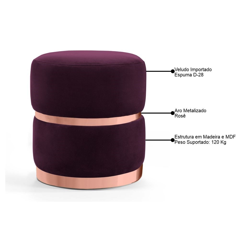 Kit 2 Puffs Decorativos Cinto e Aro Rosê Round B-292 Veludo Uva - Domi