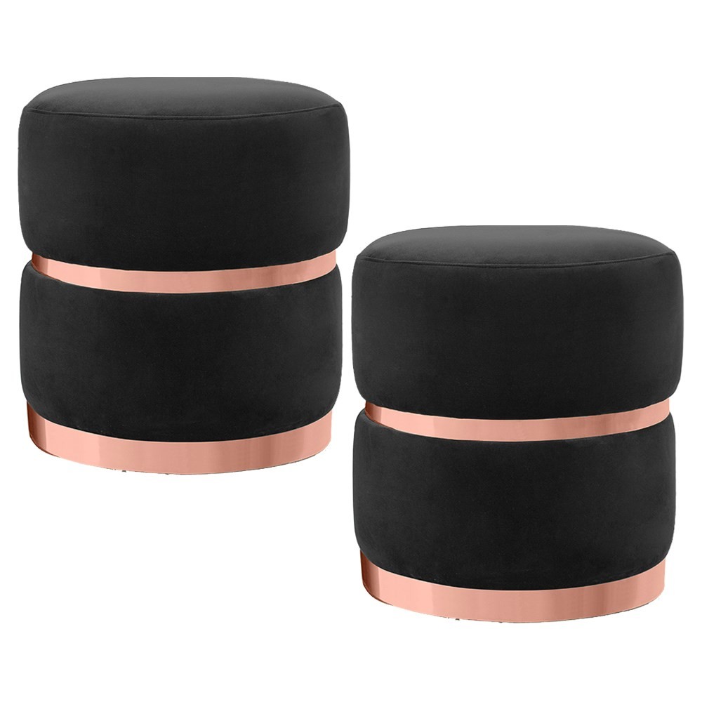 Kit 2 Puffs Decorativos Cinto e Aro Rosê Round B-300 Veludo Preto - Domi